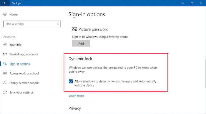 dynamic lock win10