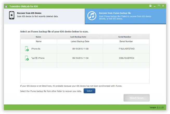Wählen Sie das iTunes-Backup aus und scannen Sie es