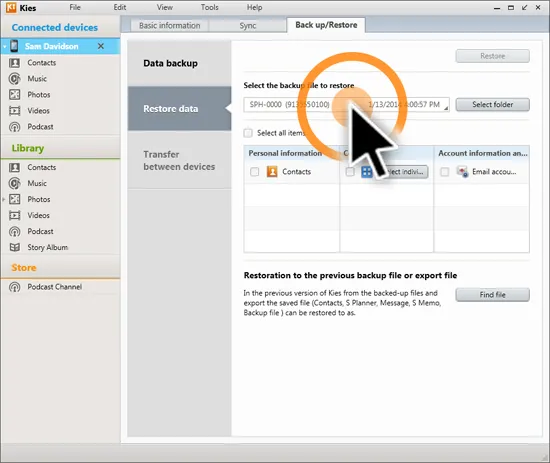 Kontakte von Kies wiederherstellen