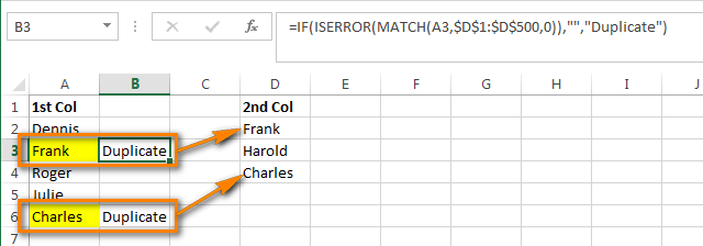 Compara dos columnas y encuentra duplicados usando fórmulas de Excel