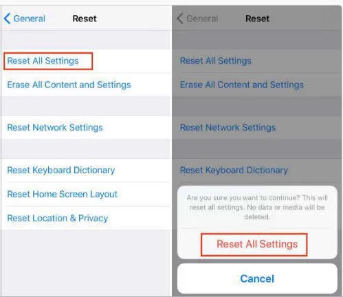 réinitialiser tous les réglages