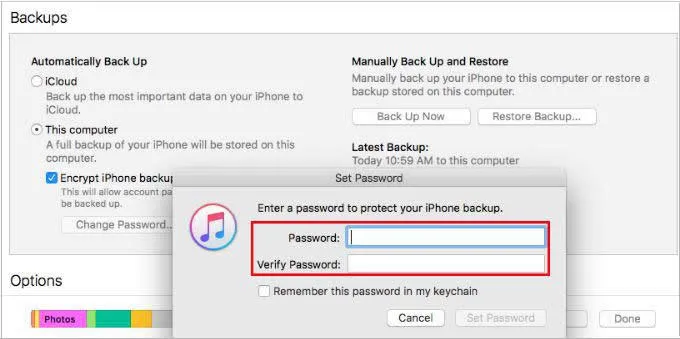 create a new password for itunes backup