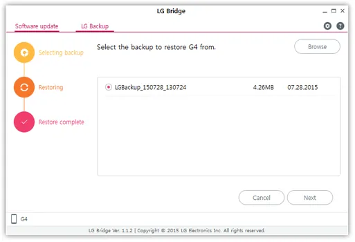 restore from lg bridege backup