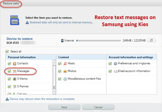  restore messages from kies backup