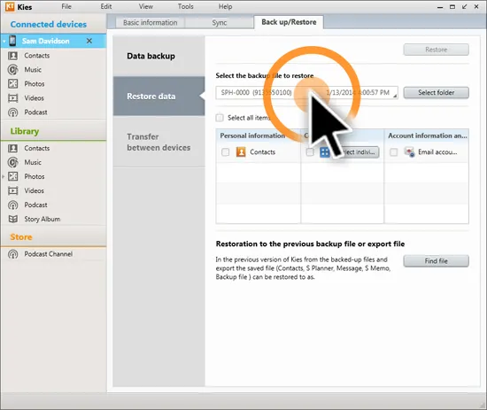 restore from samsung kies