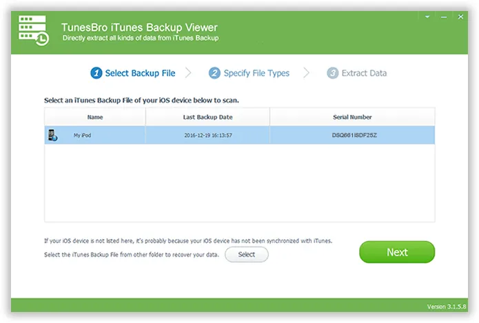 Kies iTunes-back-up en Scan het