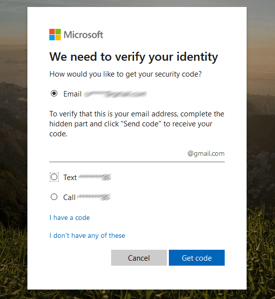 andere optie voor verificatie om wachtwoord te omzeilen gebruik Microsoft account