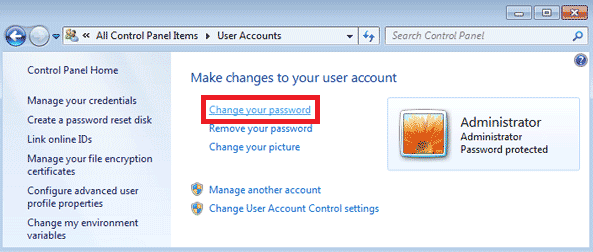 Altere a sua palavra-passe no Windows 7