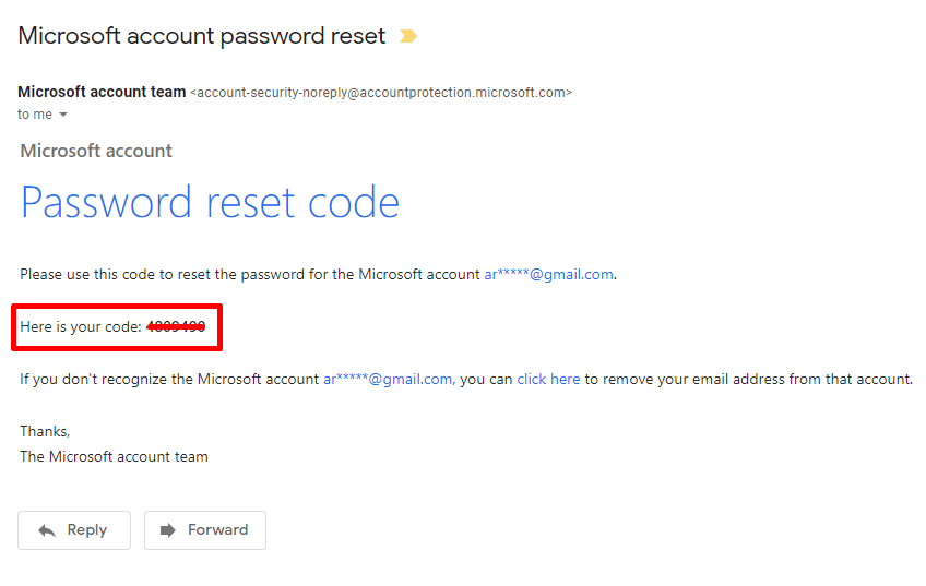 Get the code for Microsoft password reset=