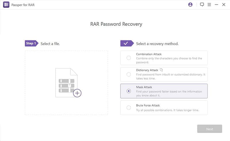 Importar ficheiro RAR para recuperação de palavra-passe