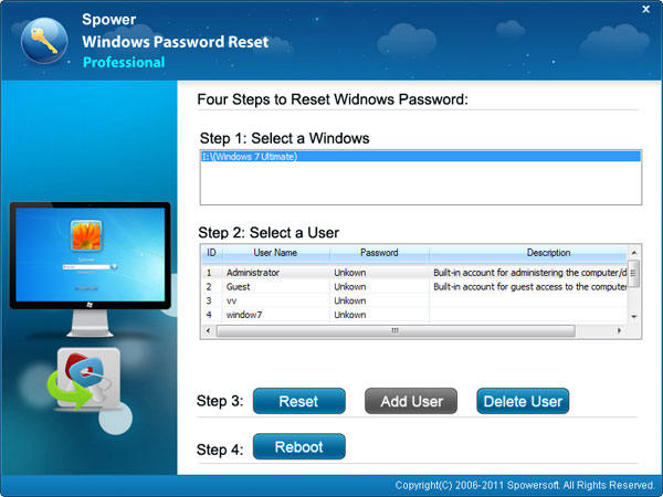 seleccione um Windows e utilizador para redefinir a palavra-passe