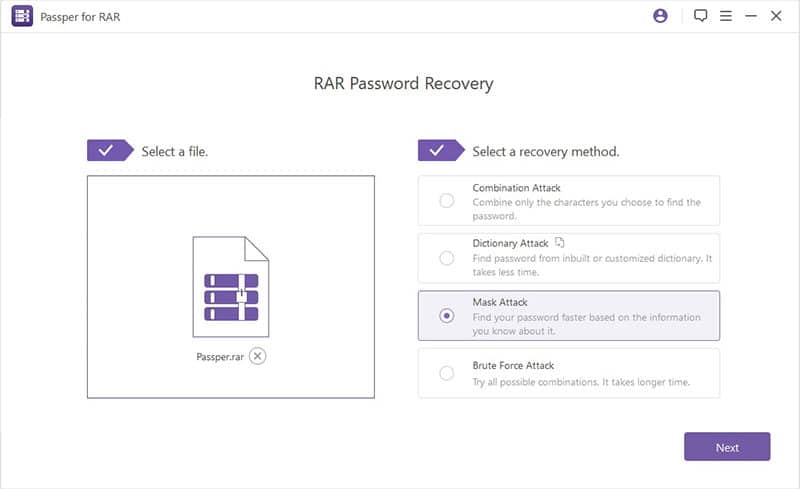 Select The Recovery Method to remove password from RAR File
