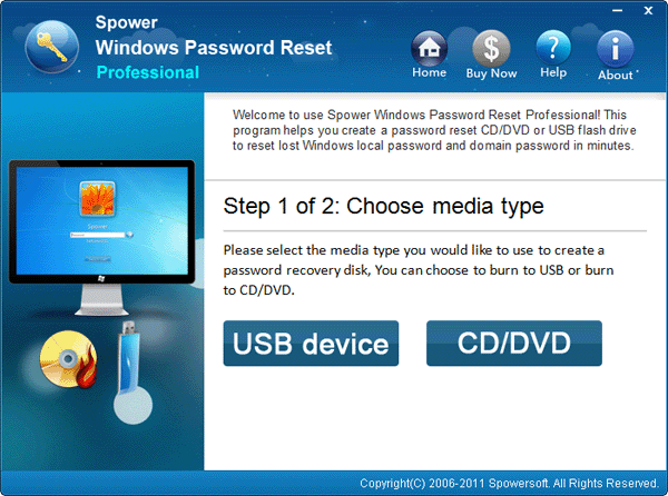 escolha USB ou CD/DVD para criar um disco de reinicialização de palavra-passe do Windows 10