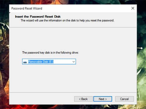 select device from drop down box to reset Windows 7 default admin password