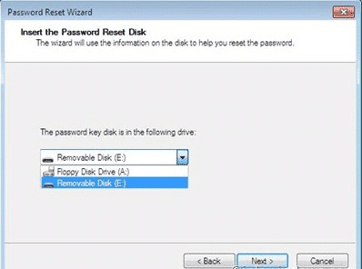 Select password reset disk for Windows 10
