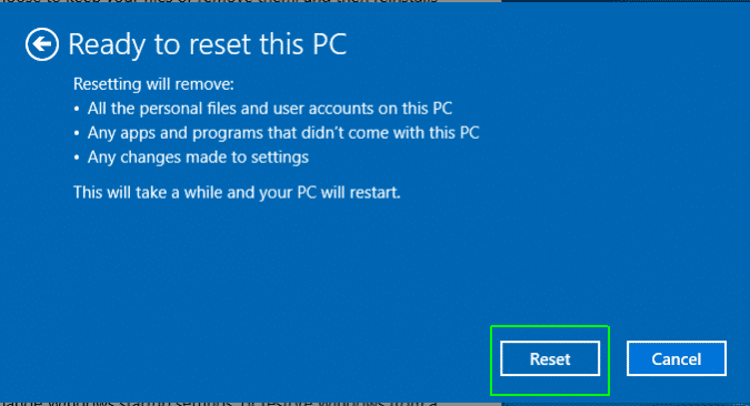Pick Reset to factory reset Acer laptop Windows 10 password