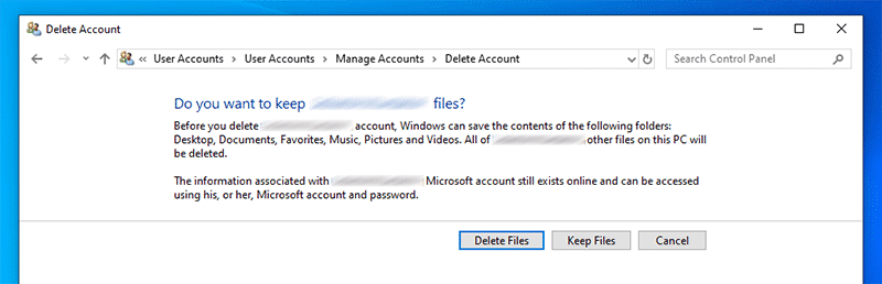 seleccione apagar ou guardar ficheiros enquanto remove a conta Microsoft